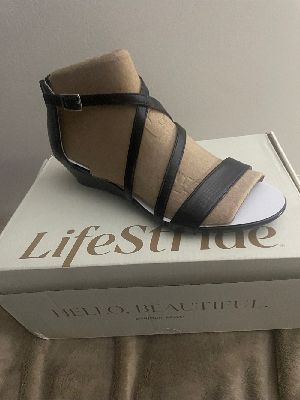 Life Stride Black Strappy Wedge Sandals with Ankle Buckle